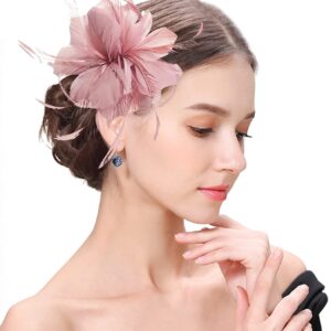 ELLYDOOR Fascinator Hats for Women Feather Flower Hair Clip Brooch Wedding Tea Party Hat Kentucky Derby Headwear Nude Pink One Size