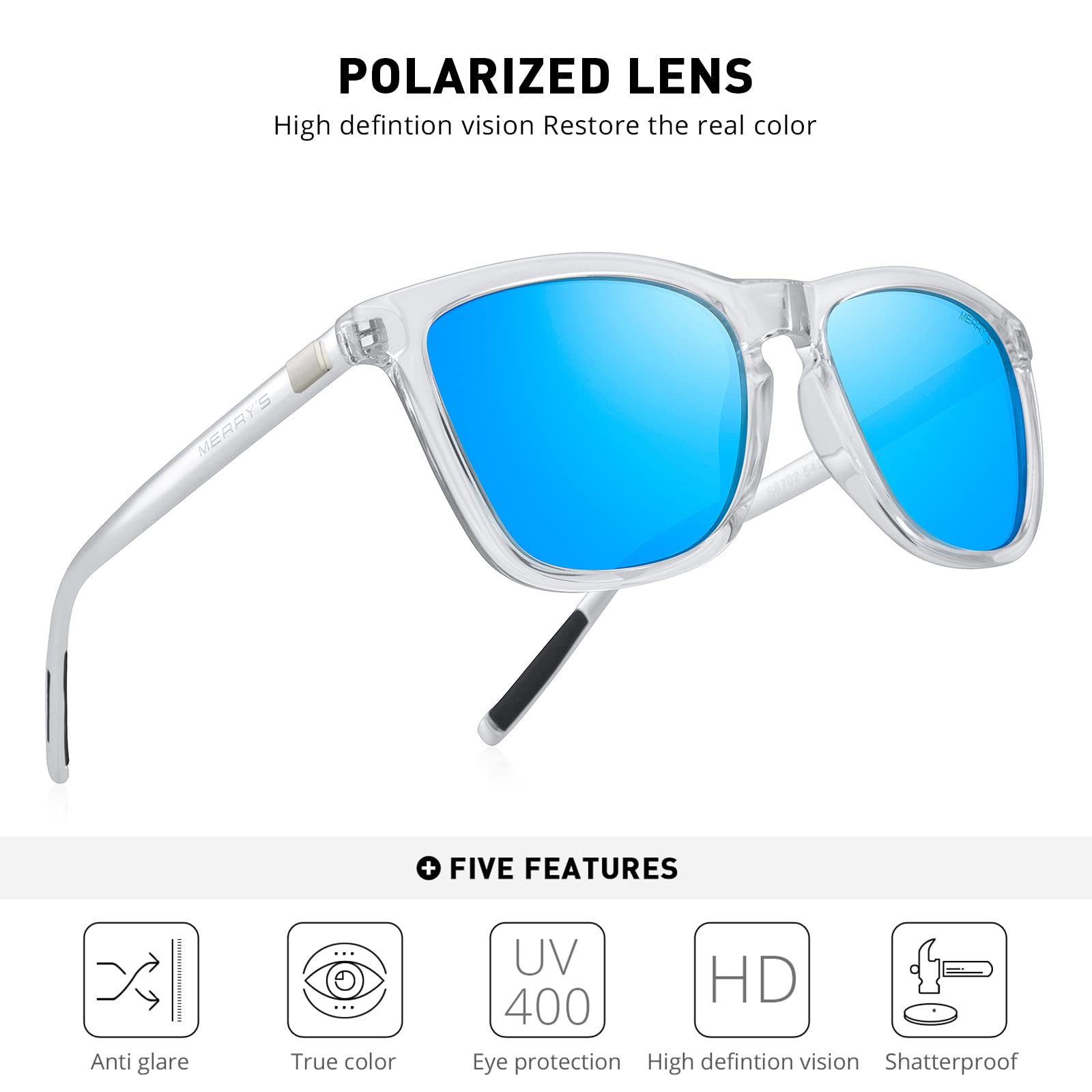 MERRY'S Unisex Polarized Sunglasses for Women Men Classic Retro Designer Style Aluminum Legs (Transparent Frame/Blue Mirror Lens/Silver Temples, 54)