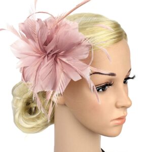 ELLYDOOR Fascinator Hats for Women Feather Flower Hair Clip Brooch Wedding Tea Party Hat Kentucky Derby Headwear Nude Pink One Size