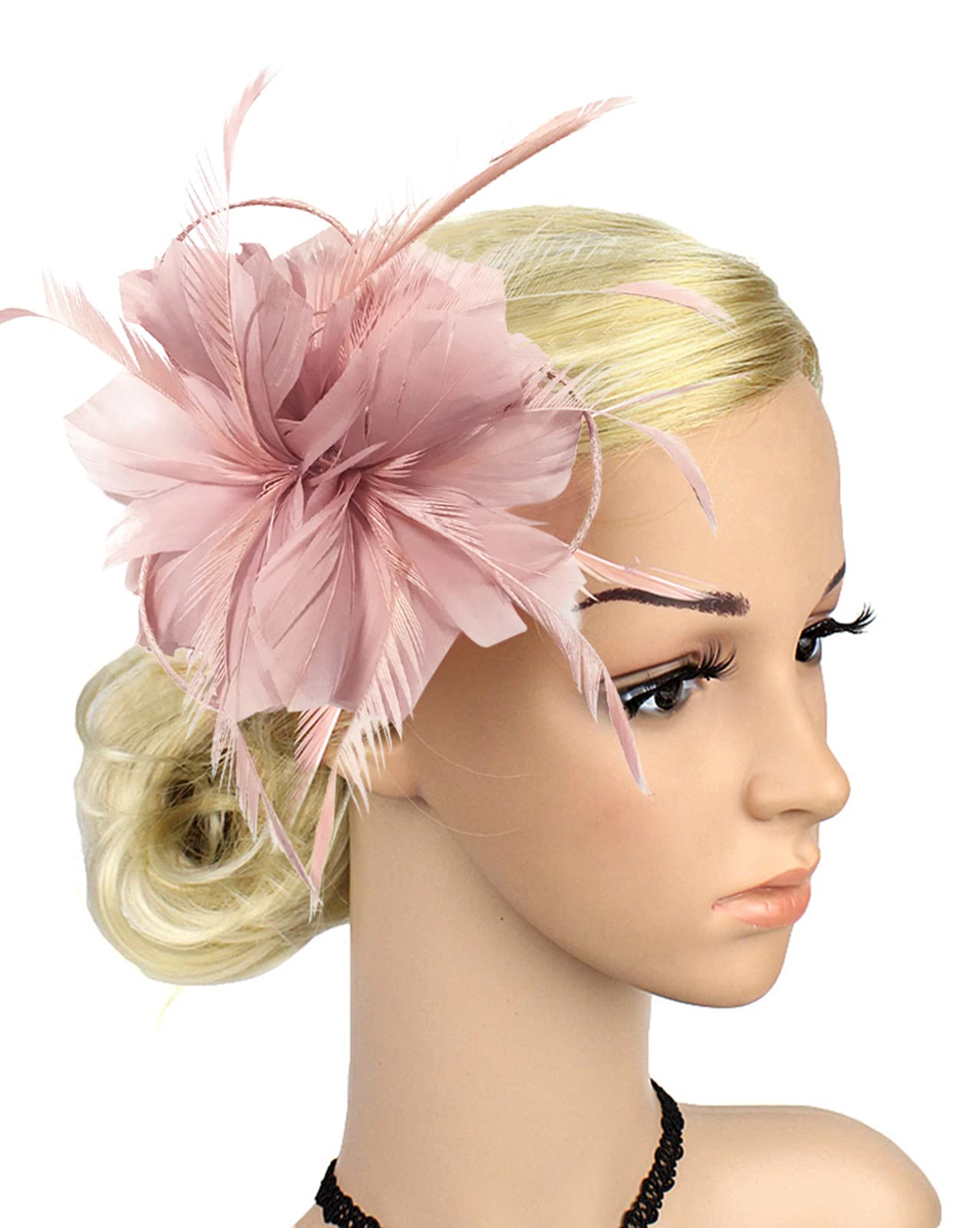 ELLYDOOR Fascinator Hats for Women Feather Flower Hair Clip Brooch Wedding Tea Party Hat Kentucky Derby Headwear Nude Pink One Size