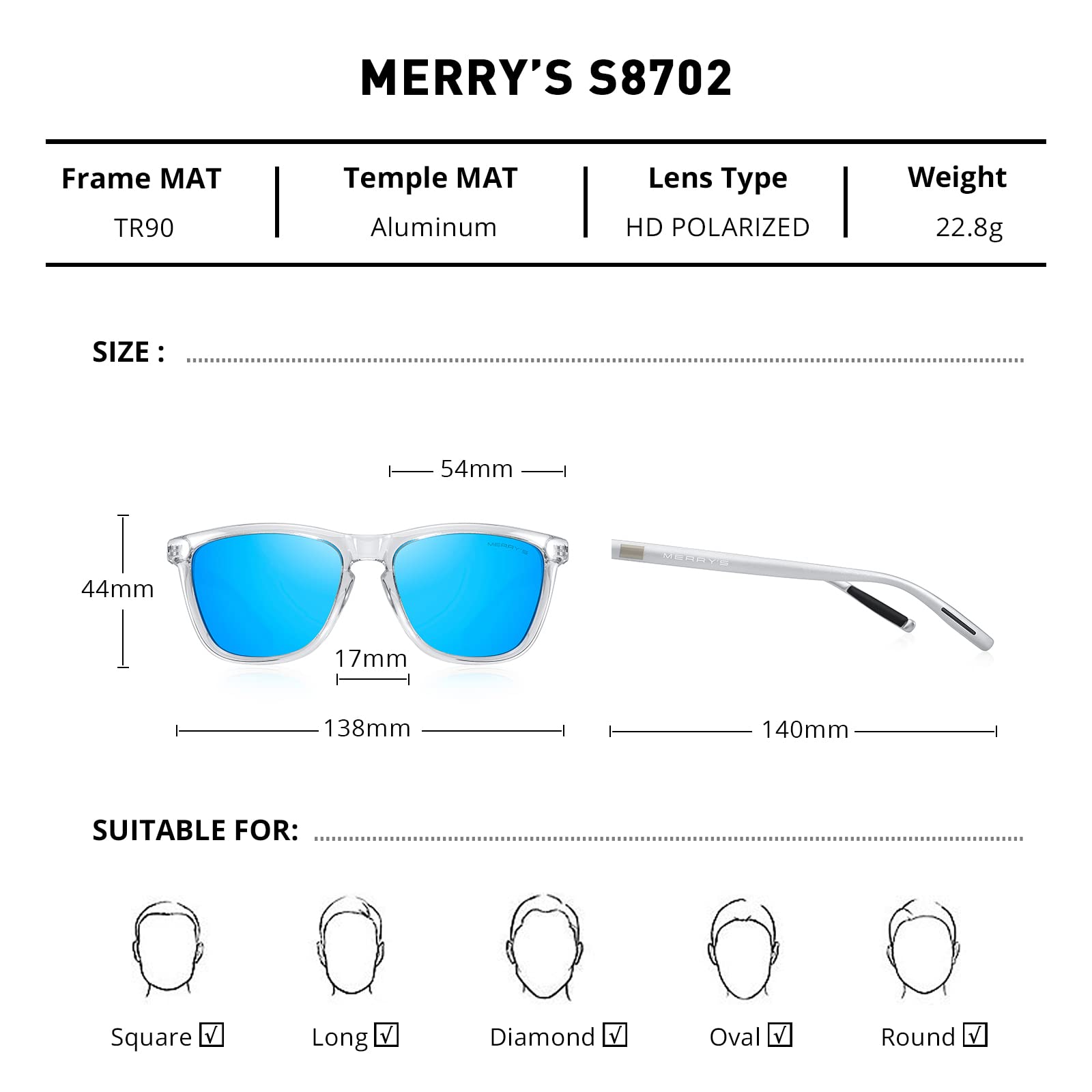 MERRY'S Unisex Polarized Sunglasses for Women Men Classic Retro Designer Style Aluminum Legs (Transparent Frame/Blue Mirror Lens/Silver Temples, 54)