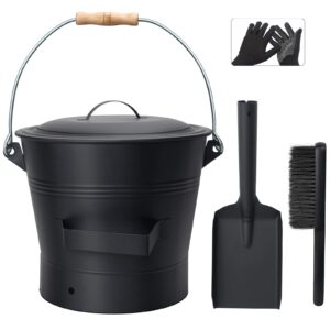 brian & dany ash bucket with lid, 2.6 gallon fireplace ash bucket with shovel and hand broom, metal bucket for fireplace, fire pit, wood burning stove