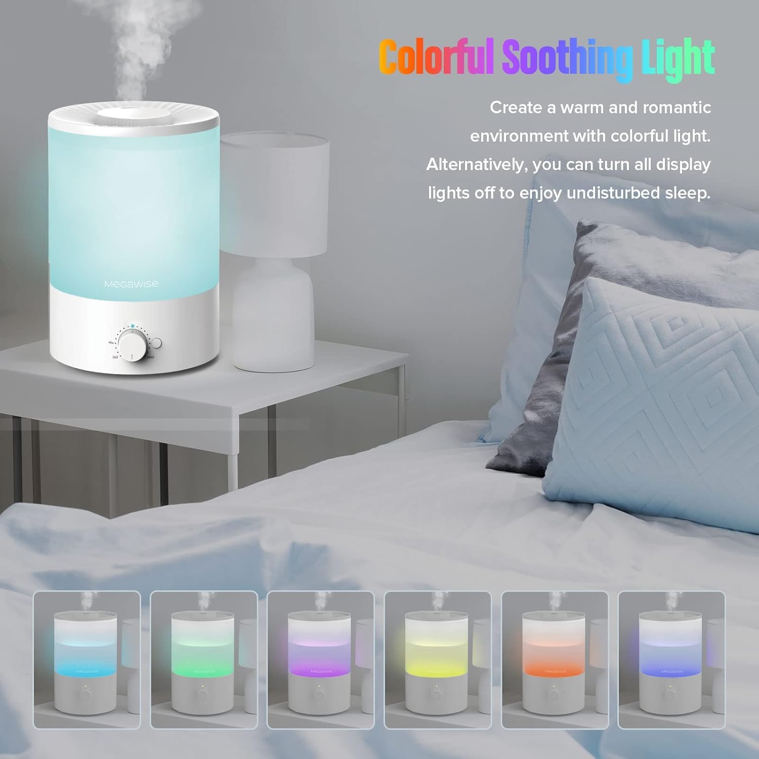 MegaWise Top Refill 7-colour Night light humidifier for Kid bedroom with 3.5L Large Capacity, No leakage with Stable Fine Mist Output