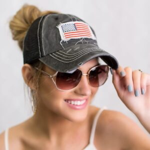 UTOWO Women Baseball-Caps Distressed-American-Flag Ponytail-High-Bun Trucker Dad-Hats (Black - High Ponytail Mesh)