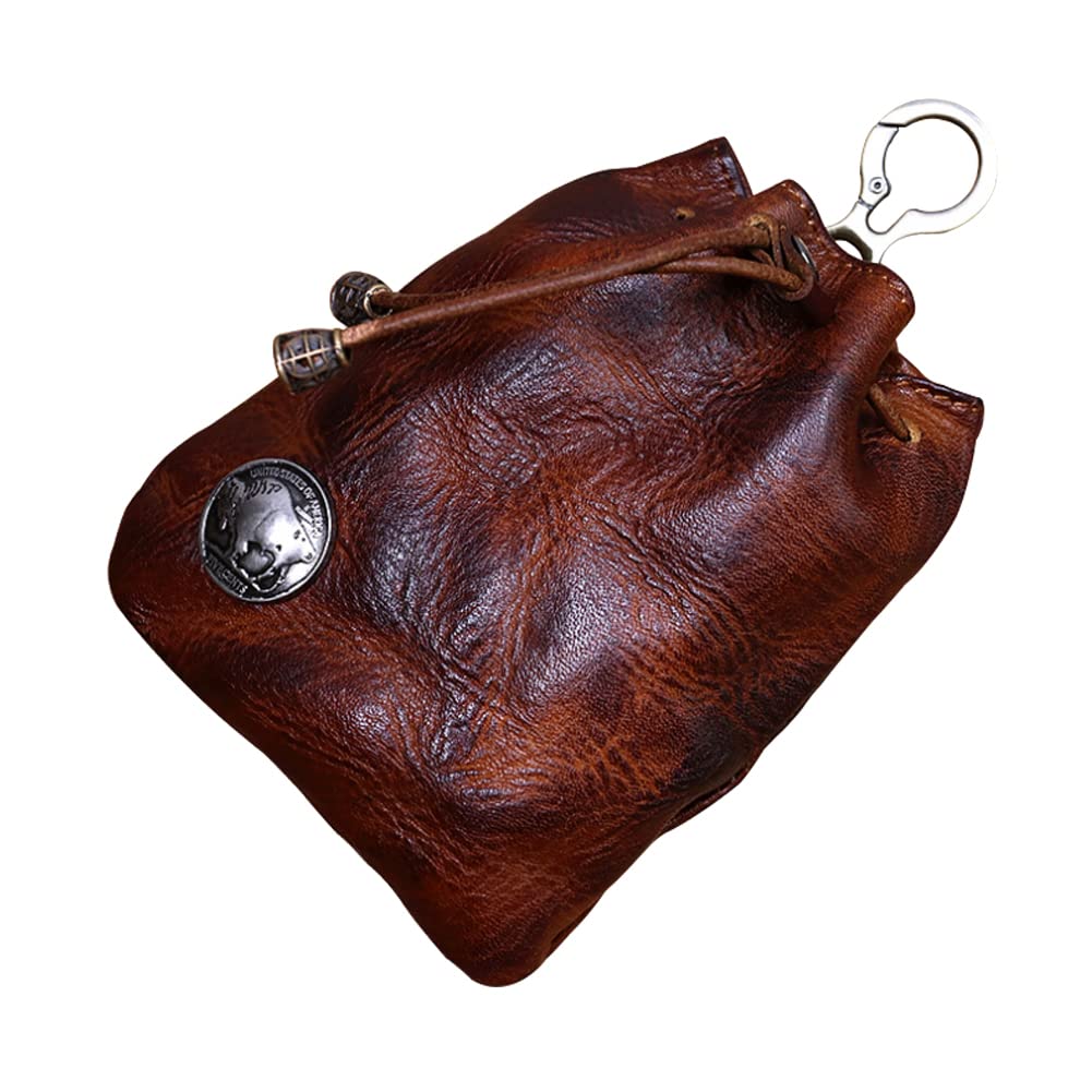 Wugebud 1 Pcs Leather Mini Medieval Pouch Keychain, Coin Organizer, Change Holder, Leather Drawstring Pouch for Men & Women