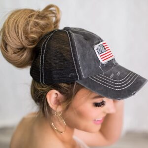 UTOWO Women Baseball-Caps Distressed-American-Flag Ponytail-High-Bun Trucker Dad-Hats (Black - High Ponytail Mesh)