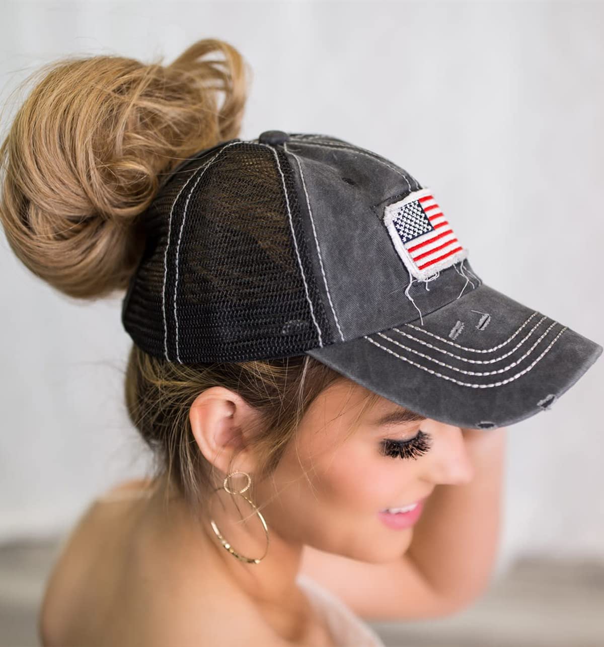 UTOWO Women Baseball-Caps Distressed-American-Flag Ponytail-High-Bun Trucker Dad-Hats (Black - High Ponytail Mesh)