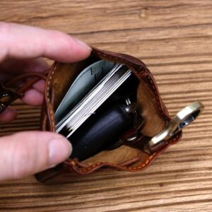 Wugebud 1 Pcs Leather Mini Medieval Pouch Keychain, Coin Organizer, Change Holder, Leather Drawstring Pouch for Men & Women