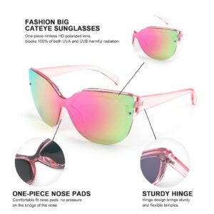 FEISEDY Cat Eye Sunglasses Polarized for Women Men，Rimless Mirrored Sunglasses, Oversized, Trendy Retro Sun Glasses B2796 Transparent Pink/Pink Mirror