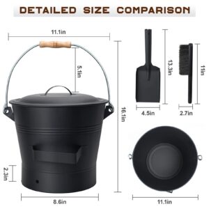 BRIAN & DANY Ash Bucket with Lid, 2.6 Gallon Fireplace Ash Bucket with Shovel and Hand Broom, Metal Bucket for Fireplace, Fire Pit, Wood Burning Stove