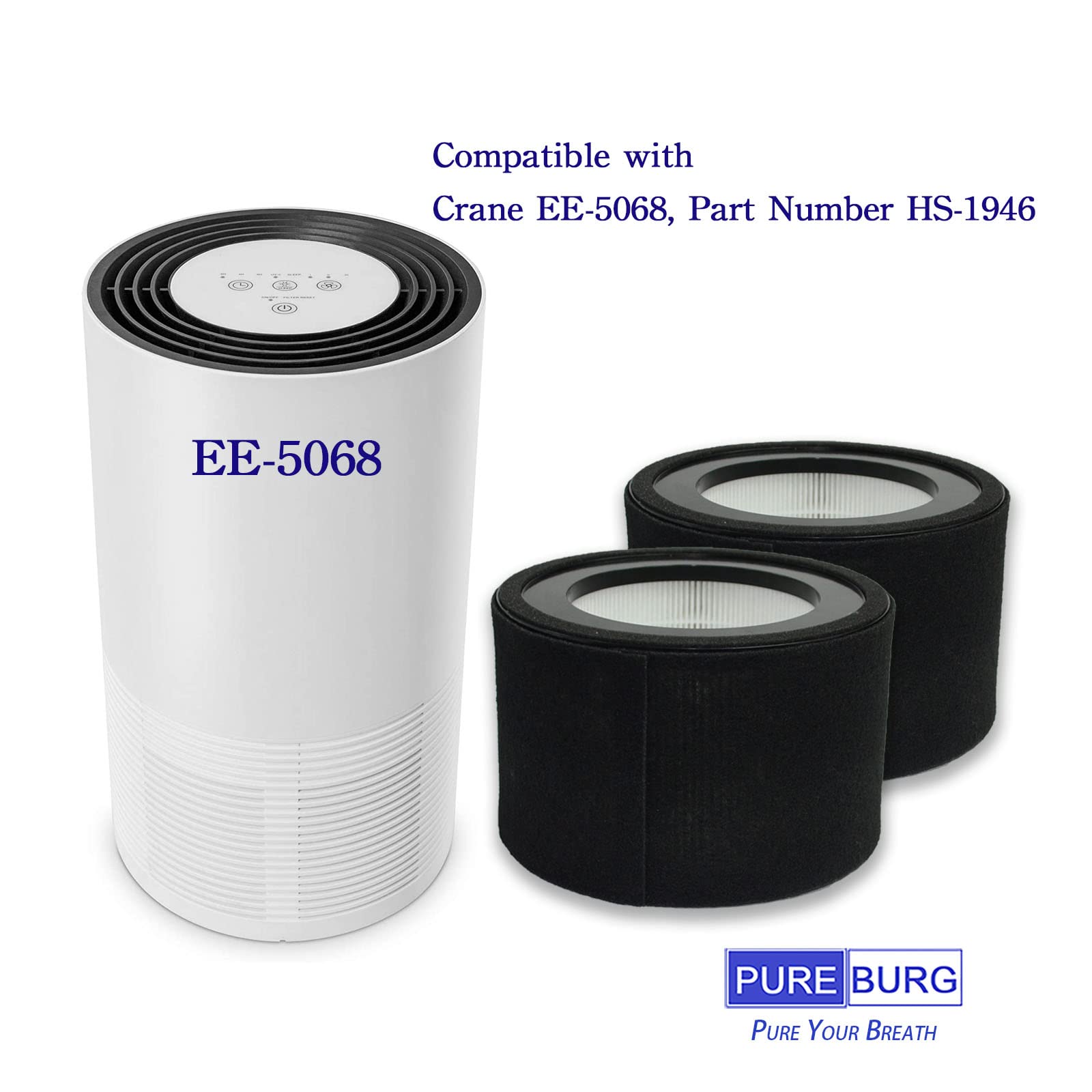 PUREBURG HS-1946 Replacement Filter Set Compatible with Crane EE-5068 & Jetery jt-8115m Air Purifiers,2-Pack H13 HEPPA + 4 x Activated Carbon Pre-Filters Air Clean