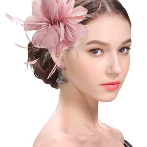 ELLYDOOR Fascinator Hats for Women Feather Flower Hair Clip Brooch Wedding Tea Party Hat Kentucky Derby Headwear Nude Pink One Size