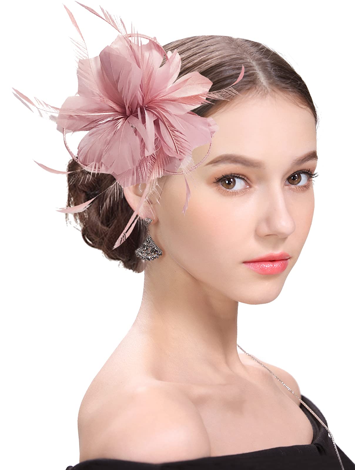 ELLYDOOR Fascinator Hats for Women Feather Flower Hair Clip Brooch Wedding Tea Party Hat Kentucky Derby Headwear Nude Pink One Size