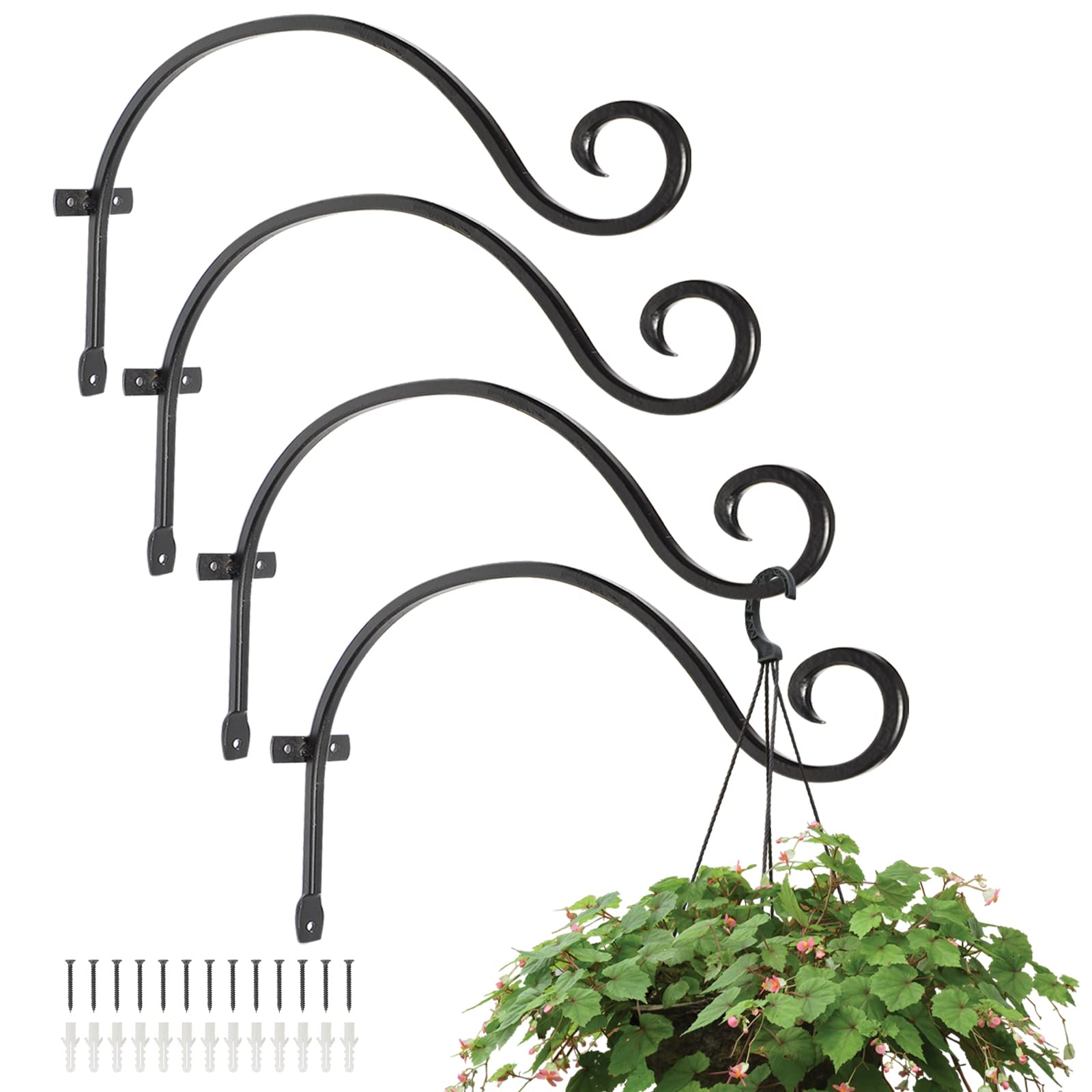 MorTime 4 Pack Hanging Plant Brackets, 12.2 Inches Wall Mount Bird Feeder Hanger Plant Hook with Screws Metal Plant Hangers for Outdoor Lanterns Wind Chimes Bird Feeders