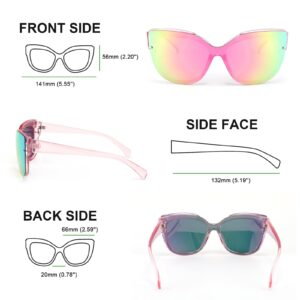 FEISEDY Cat Eye Sunglasses Polarized for Women Men，Rimless Mirrored Sunglasses, Oversized, Trendy Retro Sun Glasses B2796 Transparent Pink/Pink Mirror