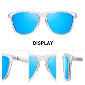 MERRY'S Unisex Polarized Sunglasses for Women Men Classic Retro Designer Style Aluminum Legs (Transparent Frame/Blue Mirror Lens/Silver Temples, 54)