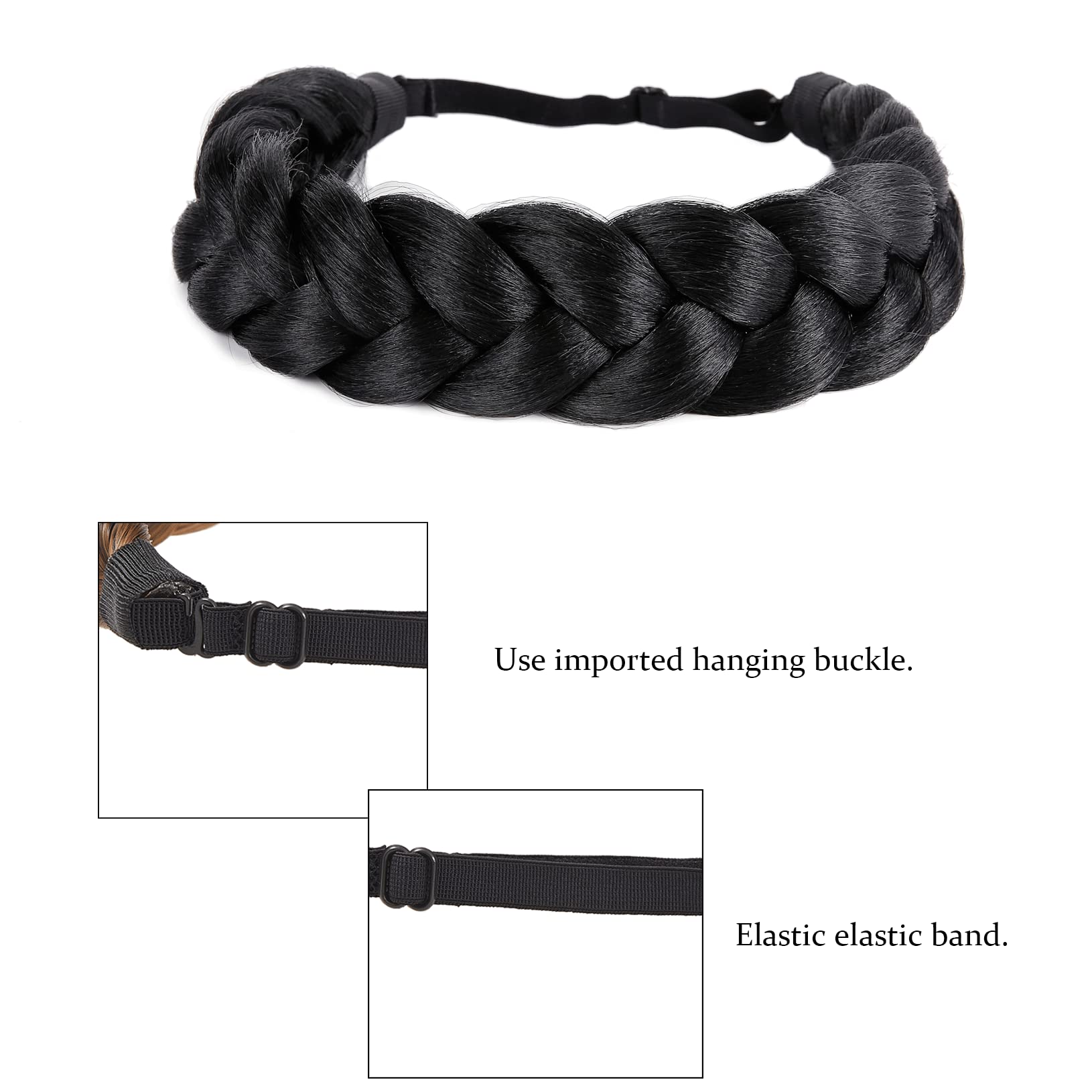 STHEJFB Bohemian Braided Headband Oversized Classic Wide Braids Adjustable Elastic Strap Synthetic Wig Headband Women's Braids Beauty Accessories (Black 1B)