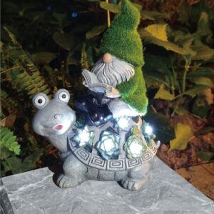 Garden turtle and gnome statue decoration,solar figurine with Light,Lawn ornament accessories,funny & cute turtle gifts for turtle lover with gnome reading book outdoor in patio lawn yard 10.5"