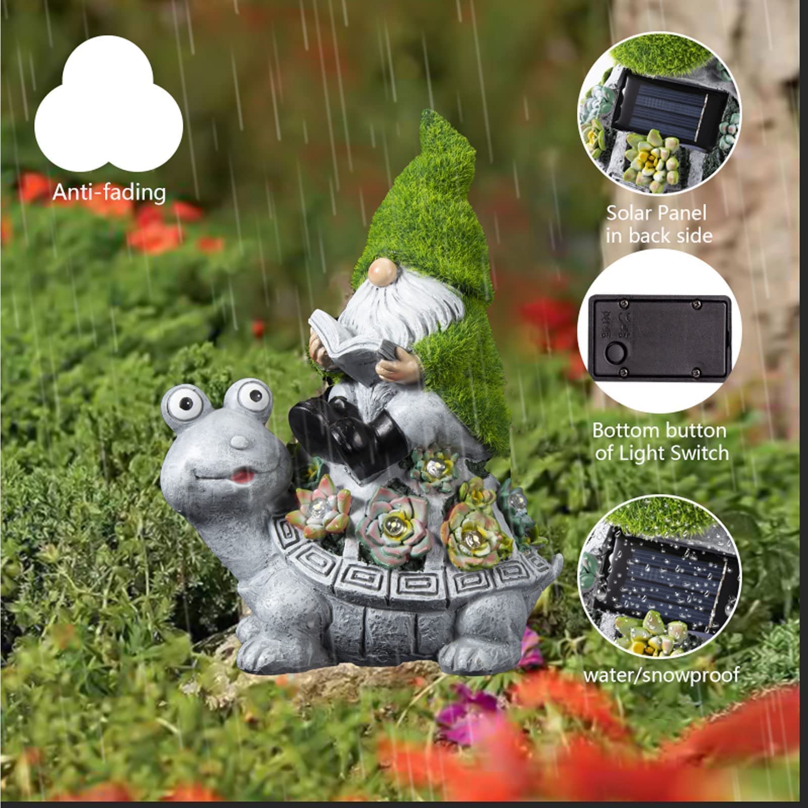 Garden turtle and gnome statue decoration,solar figurine with Light,Lawn ornament accessories,funny & cute turtle gifts for turtle lover with gnome reading book outdoor in patio lawn yard 10.5"