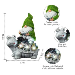 Garden turtle and gnome statue decoration,solar figurine with Light,Lawn ornament accessories,funny & cute turtle gifts for turtle lover with gnome reading book outdoor in patio lawn yard 10.5"