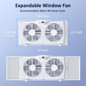 shinic Twin Window Fan with Remote, 9-Inch Blades Reversible Airflow, Thermostat Control, 3 Speeds, 3 Functions, 23.8"-37" Expandable Width, Window Exchaust Fans for Home Bedroom, ETL Certified