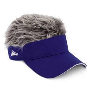 flair hair sun visor cap with fake hair, adjustable baseball hat, royal blue, one size