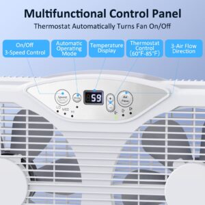 shinic Twin Window Fan with Remote, 9-Inch Blades Reversible Airflow, Thermostat Control, 3 Speeds, 3 Functions, 23.8"-37" Expandable Width, Window Exchaust Fans for Home Bedroom, ETL Certified