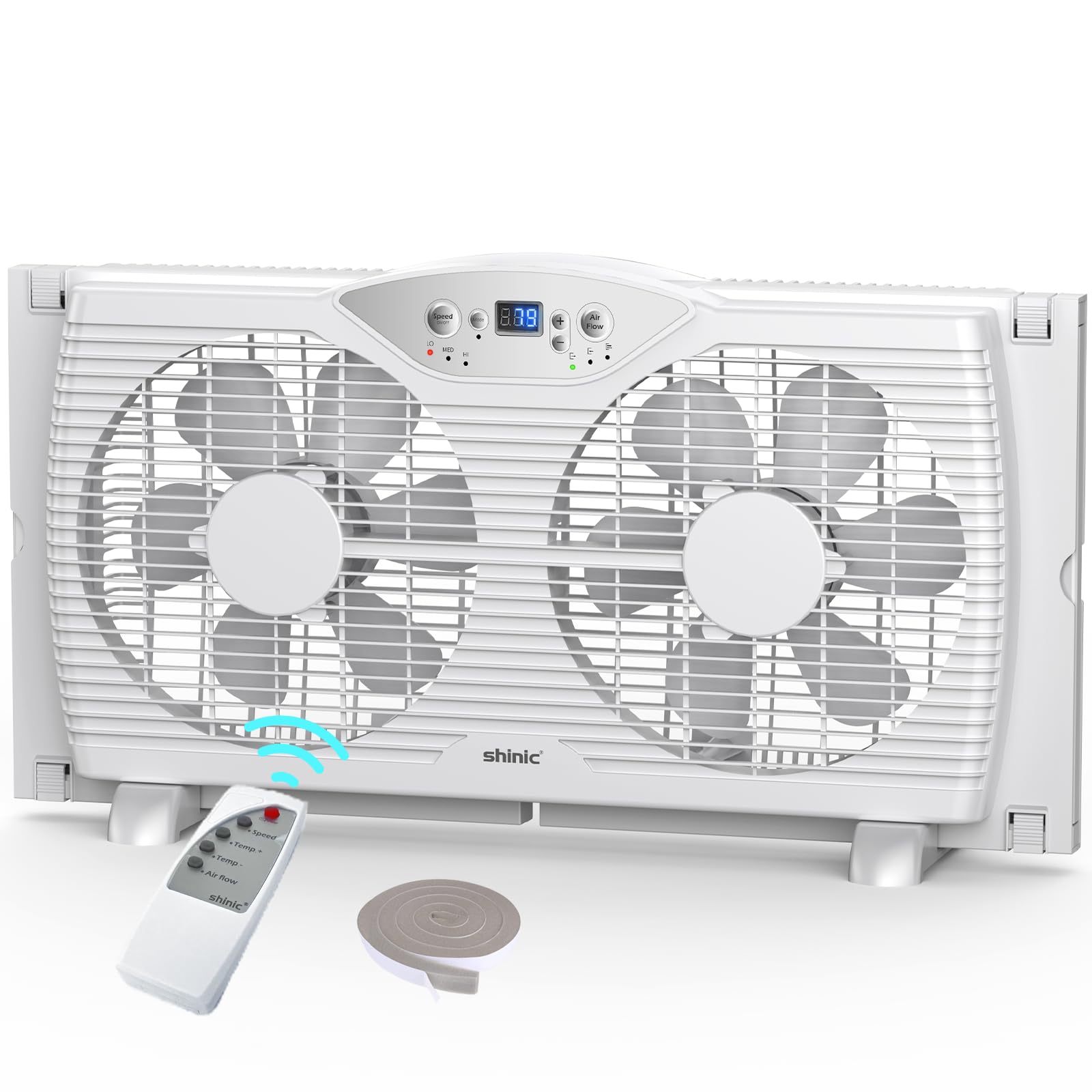 shinic Twin Window Fan with Remote, 9-Inch Blades Reversible Airflow, Thermostat Control, 3 Speeds, 3 Functions, 23.8"-37" Expandable Width, Window Exchaust Fans for Home Bedroom, ETL Certified