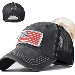 UTOWO Women Baseball-Caps Distressed-American-Flag Ponytail-High-Bun Trucker Dad-Hats (Black - High Ponytail Mesh)