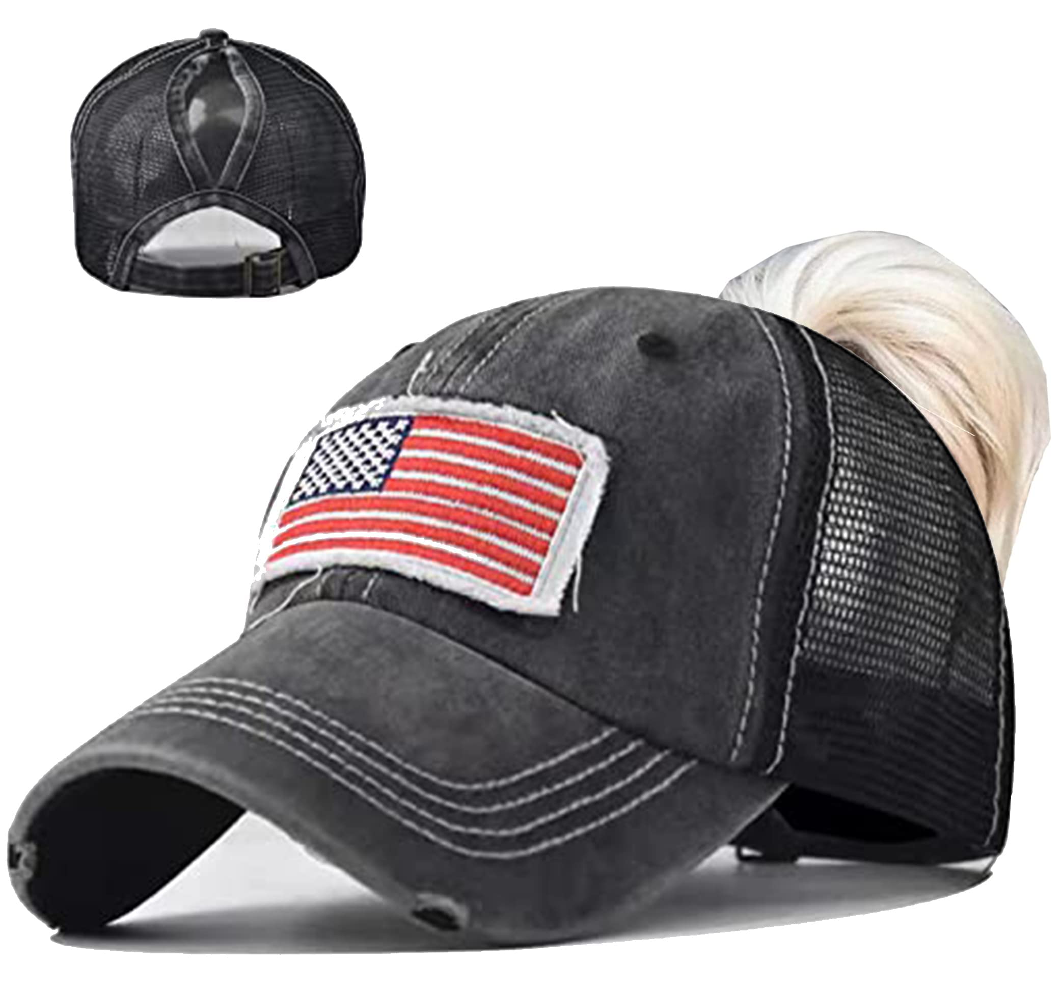 UTOWO Women Baseball-Caps Distressed-American-Flag Ponytail-High-Bun Trucker Dad-Hats (Black - High Ponytail Mesh)