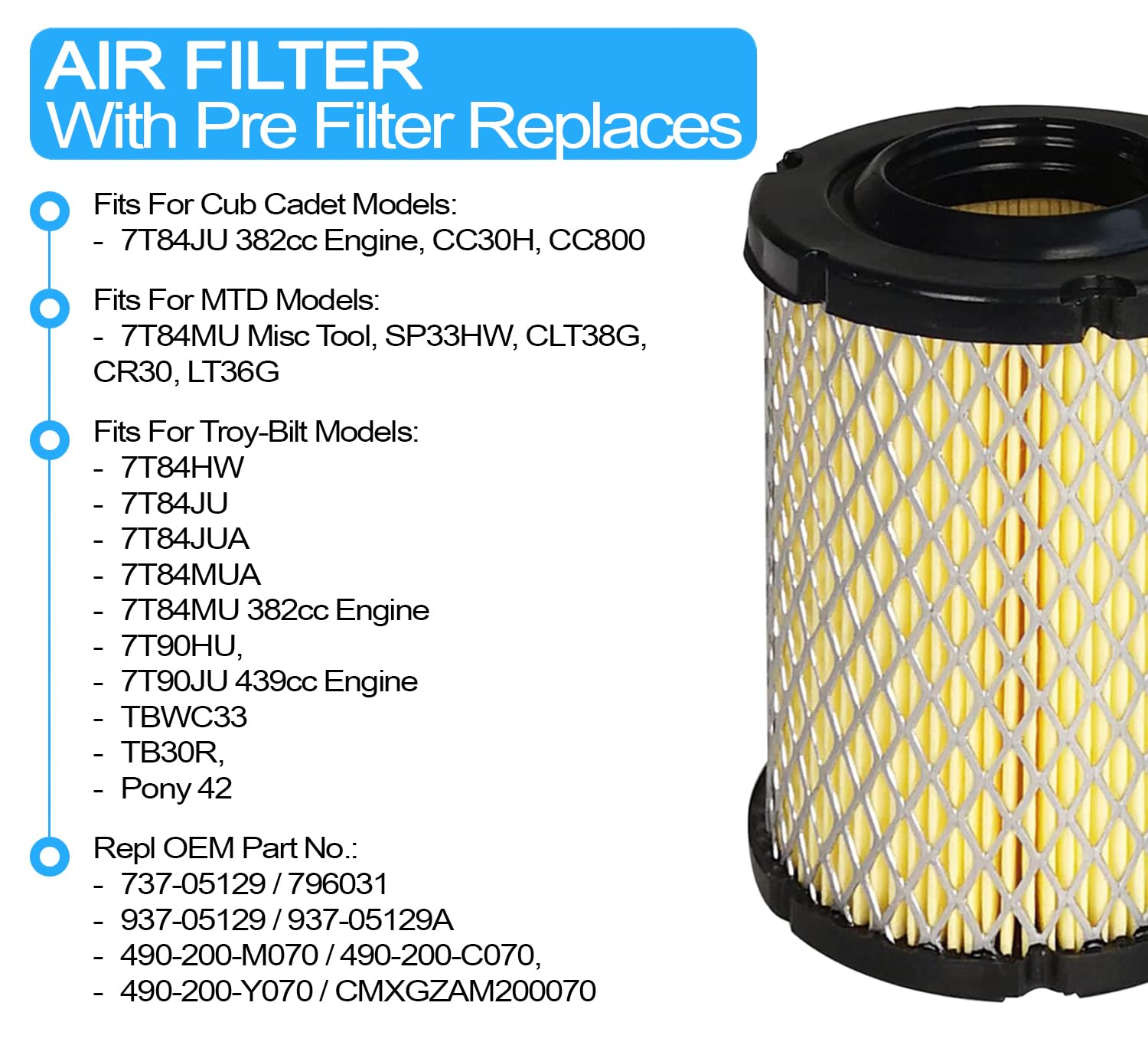 (New Part) 737-05129 937-05129 REPL MTD 7T84MU 7T84JU Compatible with CUB Cadet Troy-BILT 382cc 439cc OHV Engine AIR Filter 937-05129 737-05129