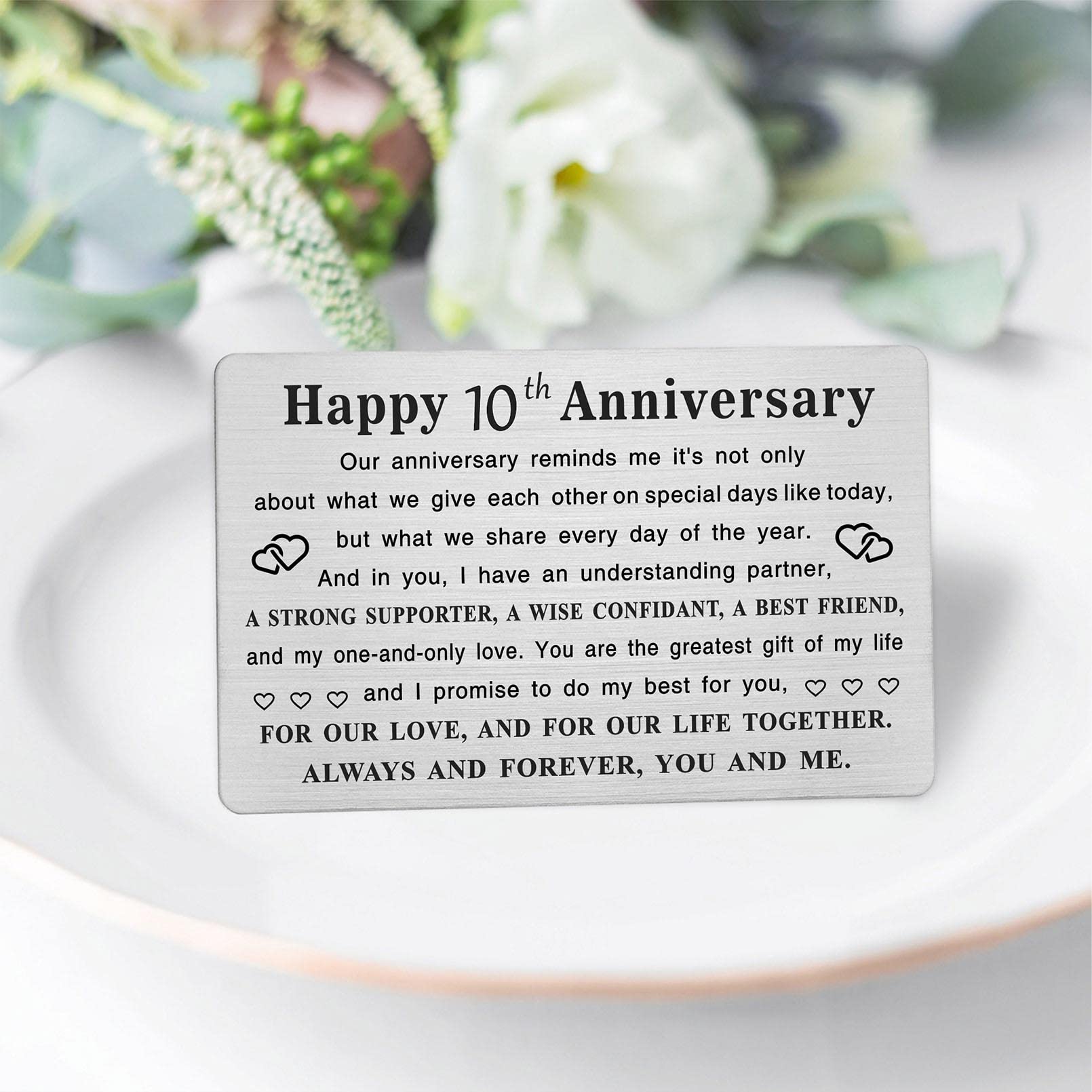 TGCNQ Metal Engraved 10 Year Anniversary Card, 10th Anniversary Card Gifts for Husband Wife Him Her, 10 Year Wedding Anniversary Decorations