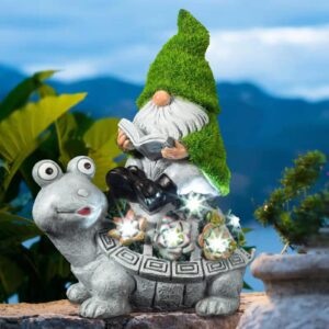 garden turtle and gnome statue decoration,solar figurine with light,lawn ornament accessories,funny & cute turtle gifts for turtle lover with gnome reading book outdoor in patio lawn yard 10.5"