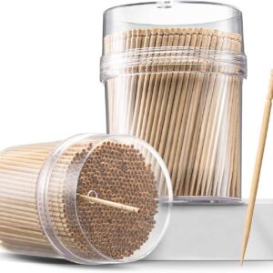 Prestee 2000ct Wooden Toothpicks + Reusable Toothpick Holder Container, Light Wood Toothpicks - Sturdy Smooth Finish Bamboo Tooth Picks for Teeth, Party Cocktail Picks, Toothpicks Wood for Appetizers