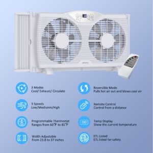 shinic Twin Window Fan with Remote, 9-Inch Blades Reversible Airflow, Thermostat Control, 3 Speeds, 3 Functions, 23.8"-37" Expandable Width, Window Exchaust Fans for Home Bedroom, ETL Certified