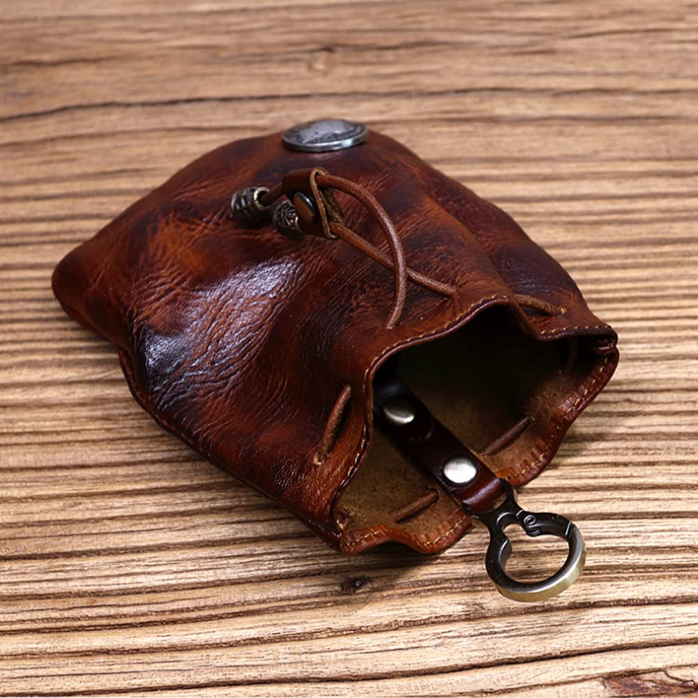 Wugebud 1 Pcs Leather Mini Medieval Pouch Keychain, Coin Organizer, Change Holder, Leather Drawstring Pouch for Men & Women