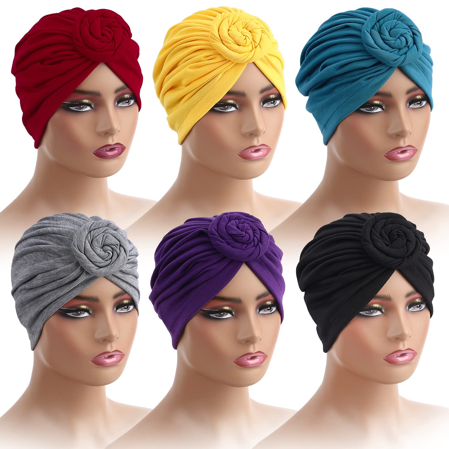 6 Pcs Women Turban Hat Head Wraps for Women Twist Knot Pre-Tied Turban for women