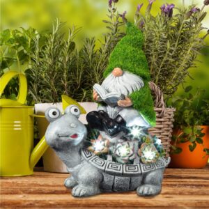 Garden turtle and gnome statue decoration,solar figurine with Light,Lawn ornament accessories,funny & cute turtle gifts for turtle lover with gnome reading book outdoor in patio lawn yard 10.5"