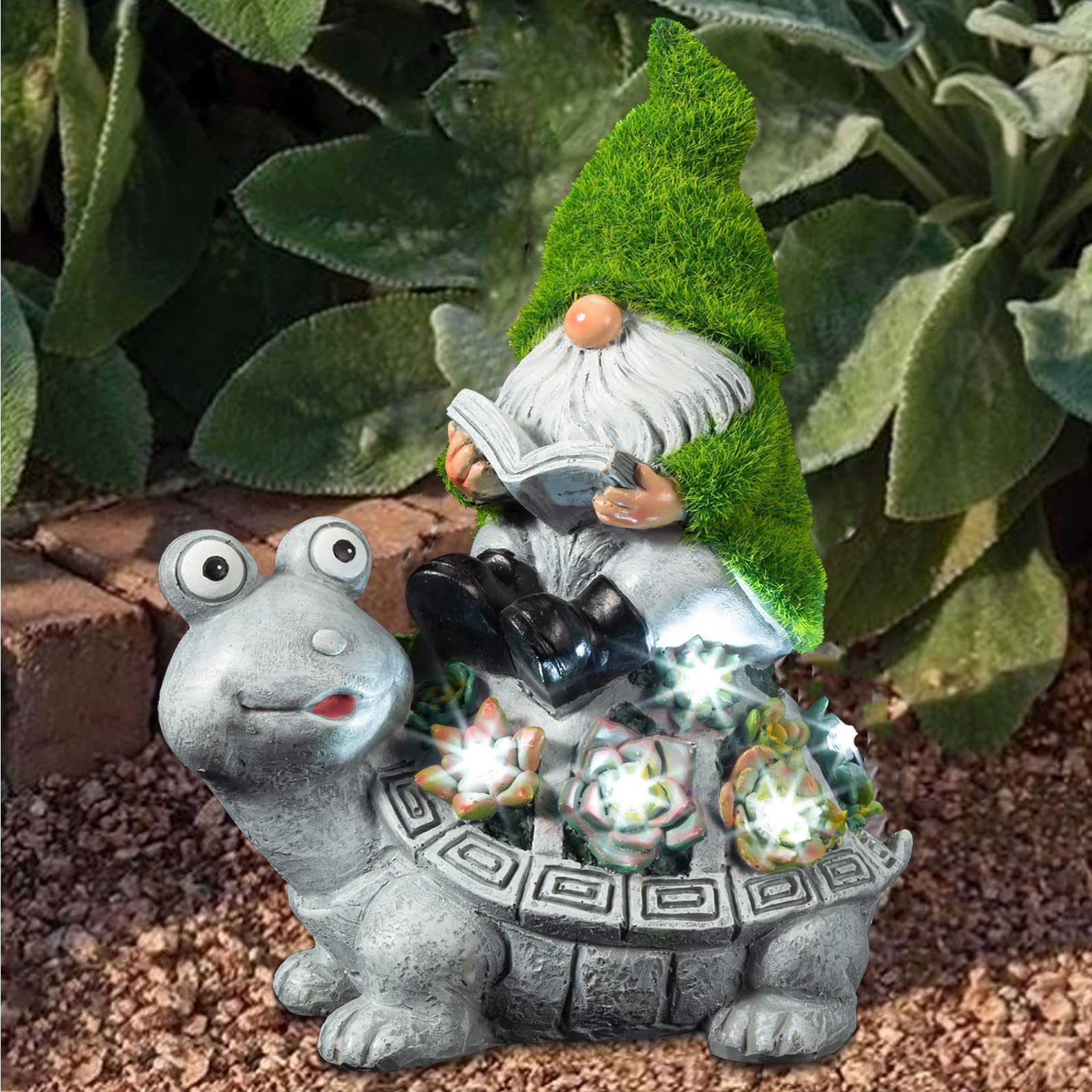 Garden turtle and gnome statue decoration,solar figurine with Light,Lawn ornament accessories,funny & cute turtle gifts for turtle lover with gnome reading book outdoor in patio lawn yard 10.5"