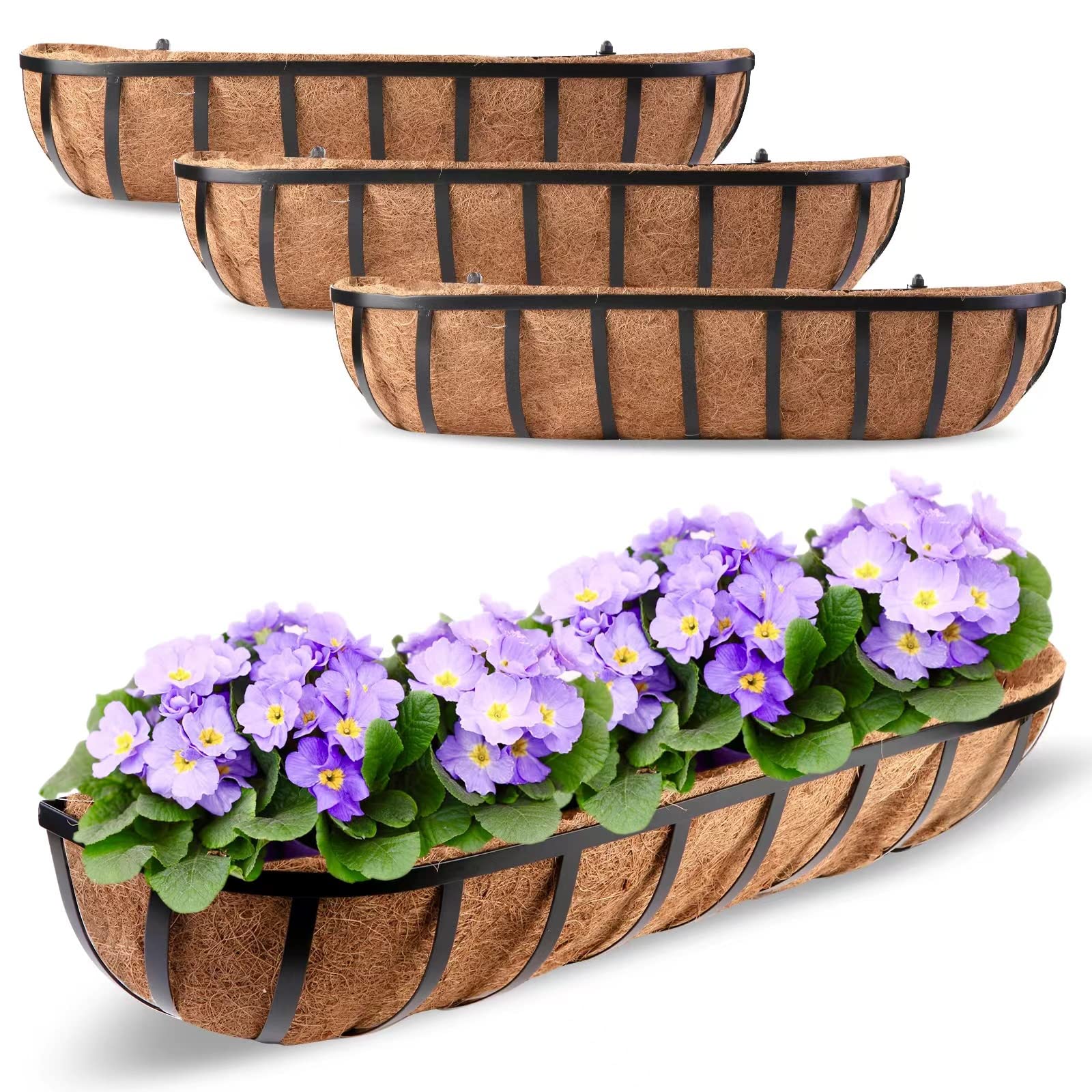 Harmiden 4 Pcs 30“ Window Box Deck Railing Planter with Coco Liner for Outdoor Balcony Porch Fence Patio Rail