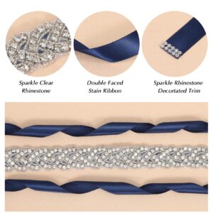 XZQTIVE Bridal Belt Handmade Crystal Rhinestone Braided Wedding Dress Sash Belt For Bridal Gowns, Silver, Blue Organza