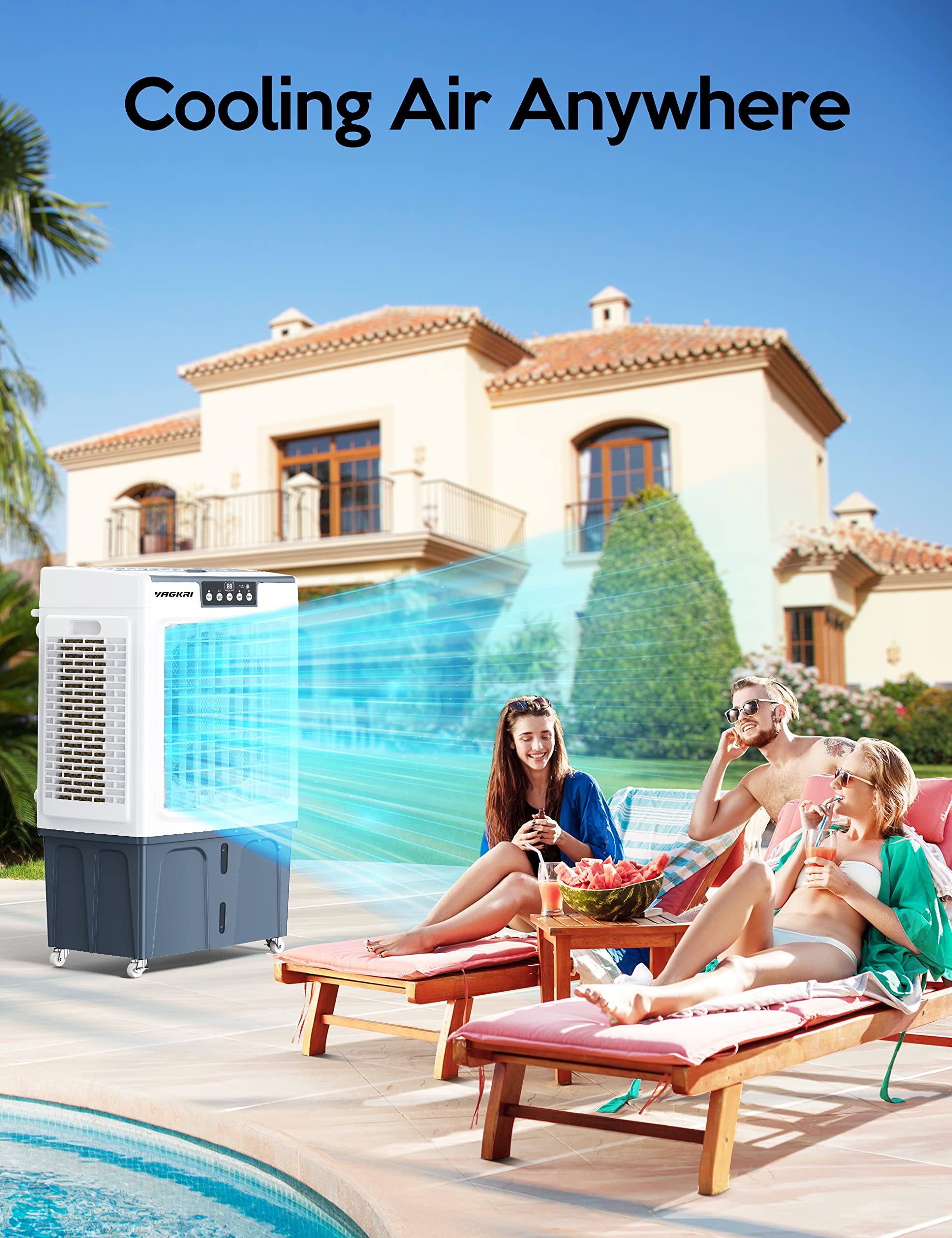 Evaporative Cooler, VAGKRI 2100CFM Air Cooler, 120°Oscillation Swamp Cooler with Remote Control, 24H Timer, 3 Wind Speeds for Outdoor Indoor Use,8 Gallon