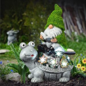 Garden turtle and gnome statue decoration,solar figurine with Light,Lawn ornament accessories,funny & cute turtle gifts for turtle lover with gnome reading book outdoor in patio lawn yard 10.5"