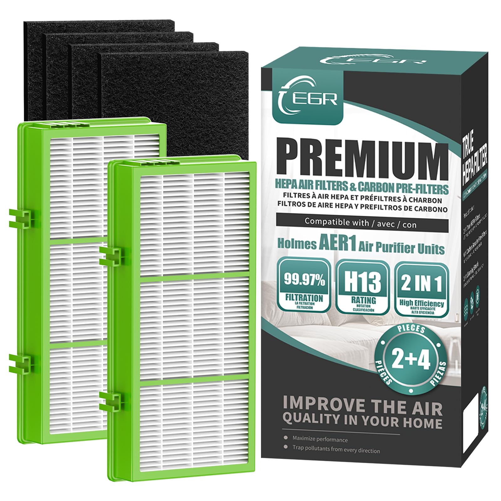 EGR HAPF300AH Remover True HEPA Filter, EGR AER1 Filters Replacement for Holmes Air Purifier, Parts HAPF300AH-U4R & HAP242-NUC - 2 True HEPA + 4 Pre Filter