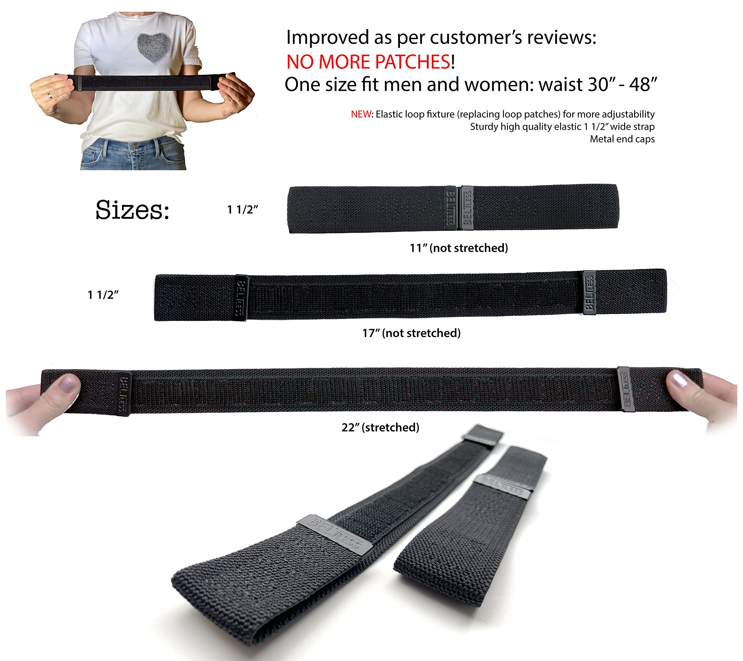 Invisible No Buckle Elastic Belt for Men and Women: 1 1/2" Wide, Waist size adjustable 32" to 48" by Beltless