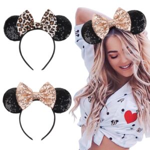 wovowovo mouse ear bow headbands, glitter halloween hairbands for women girls princess decoration christmas party cosplay costume, 2 pcs