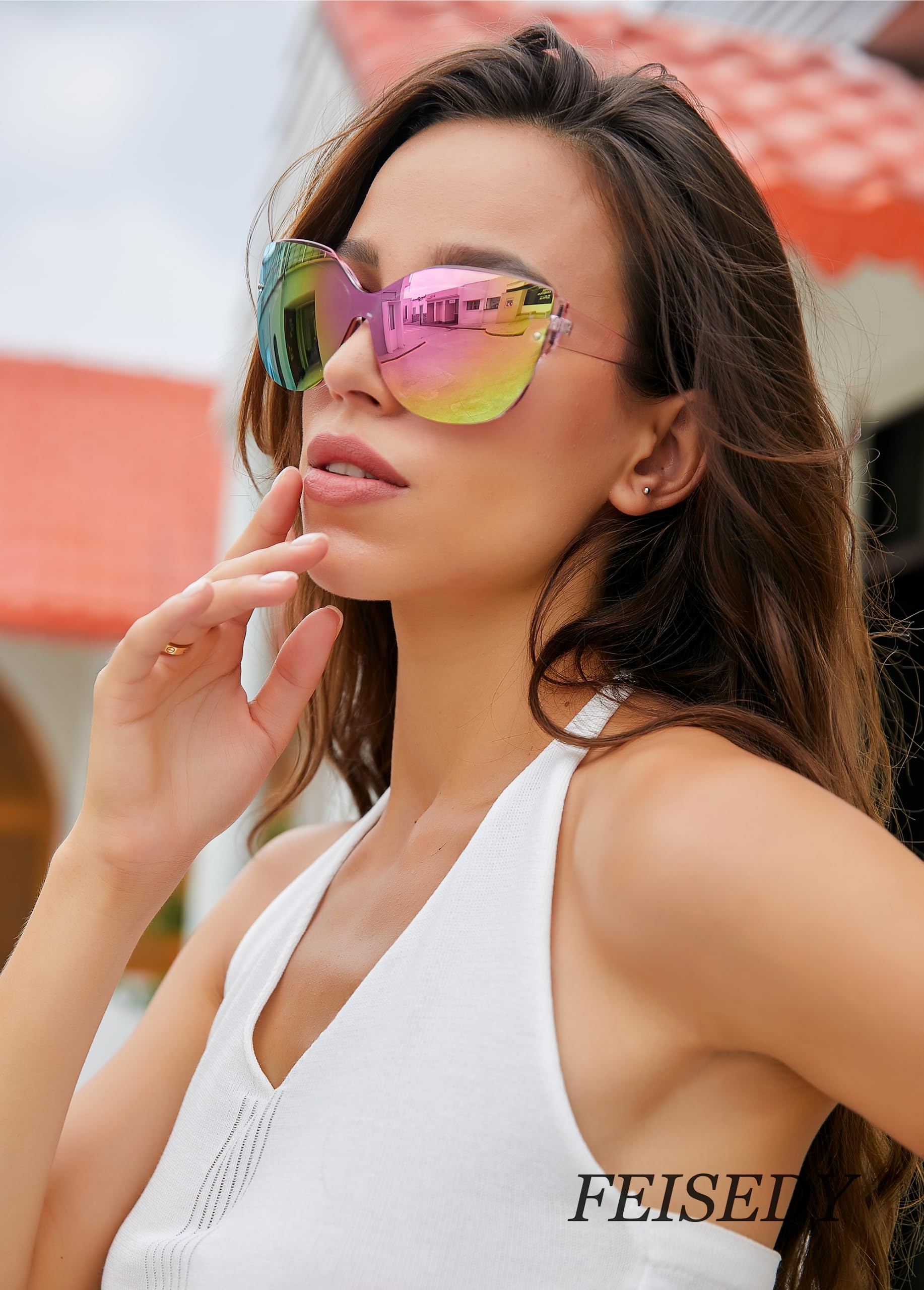 FEISEDY Cat Eye Sunglasses Polarized for Women Men，Rimless Mirrored Sunglasses, Oversized, Trendy Retro Sun Glasses B2796 Transparent Pink/Pink Mirror