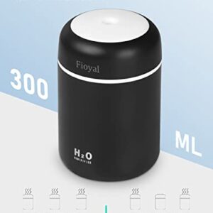 Portable Mini Humidifier, Fioyal RGB Light Small Humidifiers for Bedroom, Car, Desktop, 2 Cool Mist Modes, Quiet(300ML, Black)