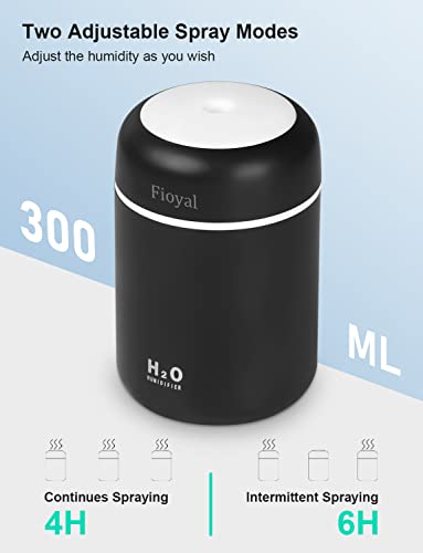 Portable Mini Humidifier, Fioyal RGB Light Small Humidifiers for Bedroom, Car, Desktop, 2 Cool Mist Modes, Quiet(300ML, Black)