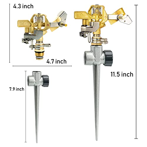 Hourleey 2 Pack Brass Impact Lawn Sprinklers for Yard, Heavy Duty Adjustable Pulsating Water Sprinkler Head with Aluminum Alloy Spike Base for Large Area Patio Garden